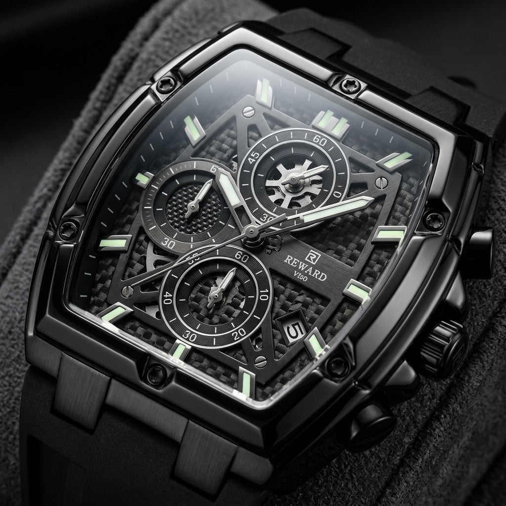 REWARD Black Alligator | Carbon Fiber Chronograph Watch