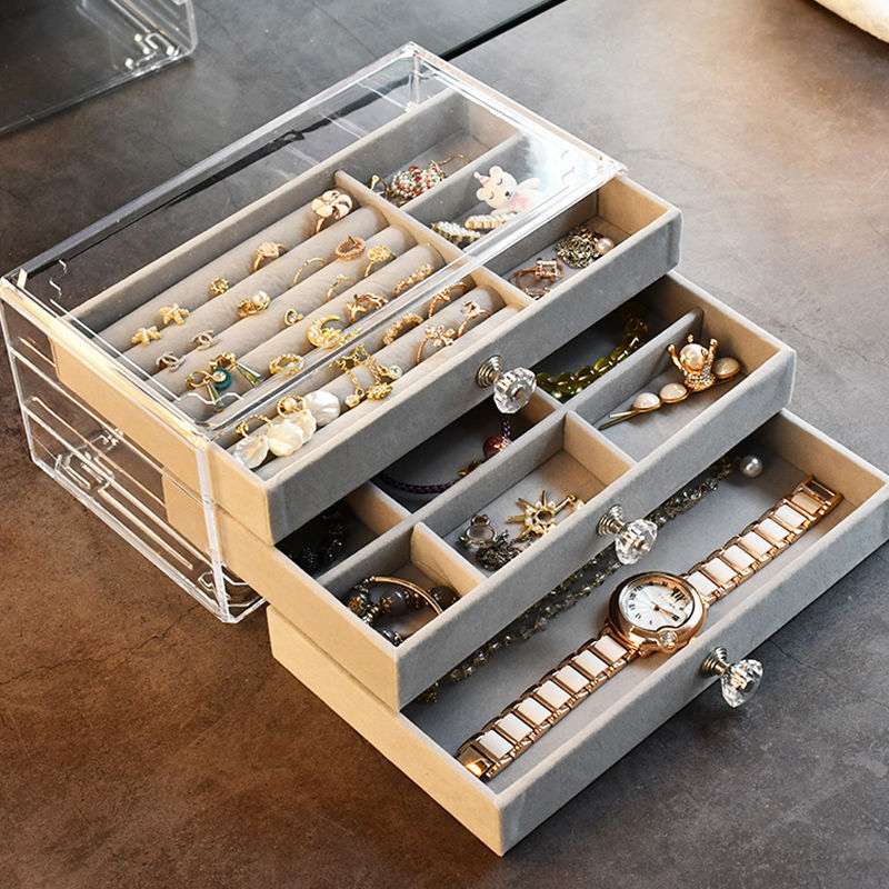 3 Drawers Acrylic Jewellery Box-Grey