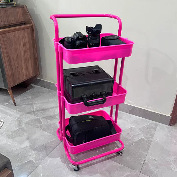 3-Tier Rolling Kitchen Storage Trolley(Dark Pink)