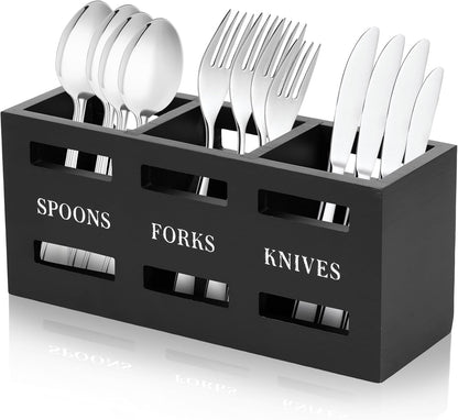 3 Compartments Wooden Utensil Holder