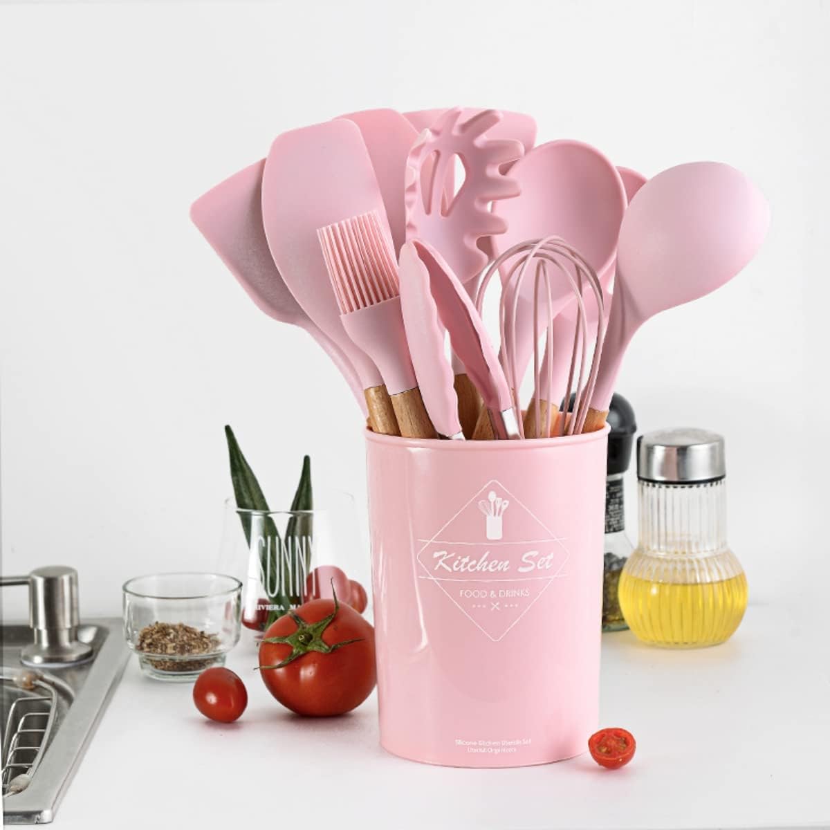 12 pcs Non-Stick Cooking Kitchen Utensils Medium-Pink