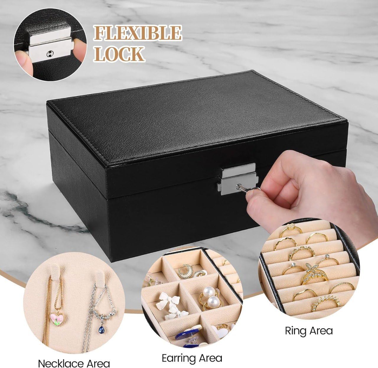 Double Layer Leather Jewellery Box-Black