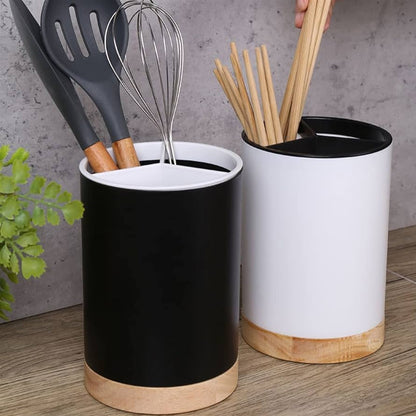 Wood Base Cutlery Storage Container-Black