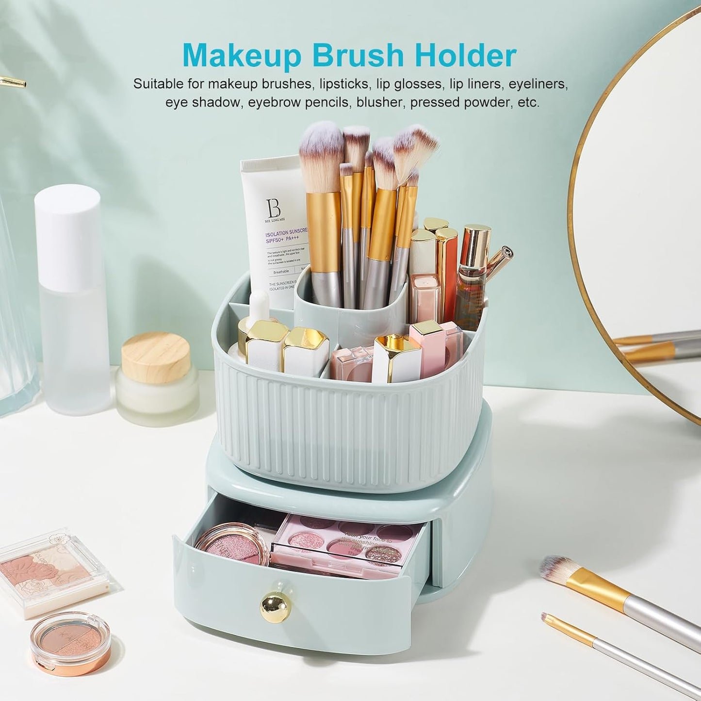 Rotating Cosmetic Holder with Drawer-Light Green