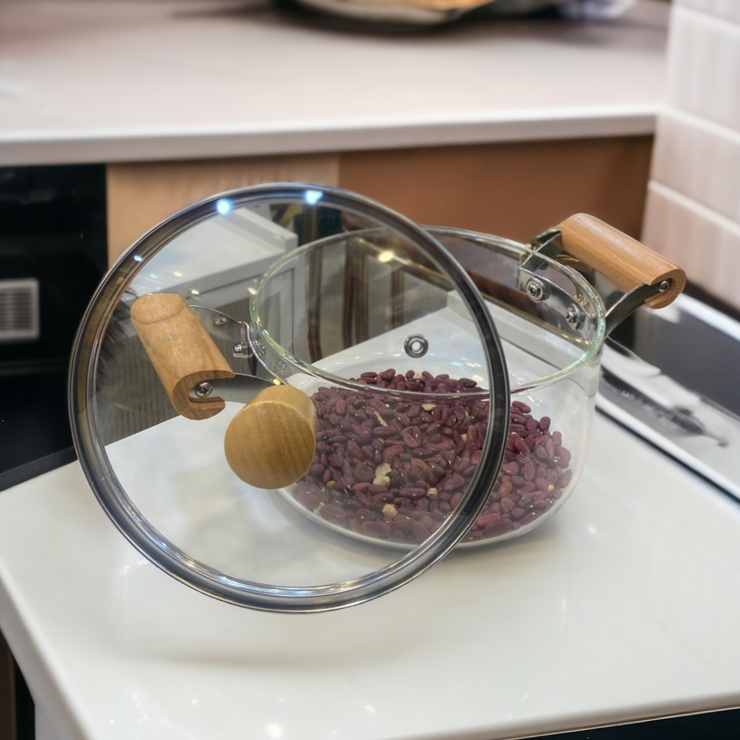 Glass Cooking Pot with Wooden Handle-2500ML
