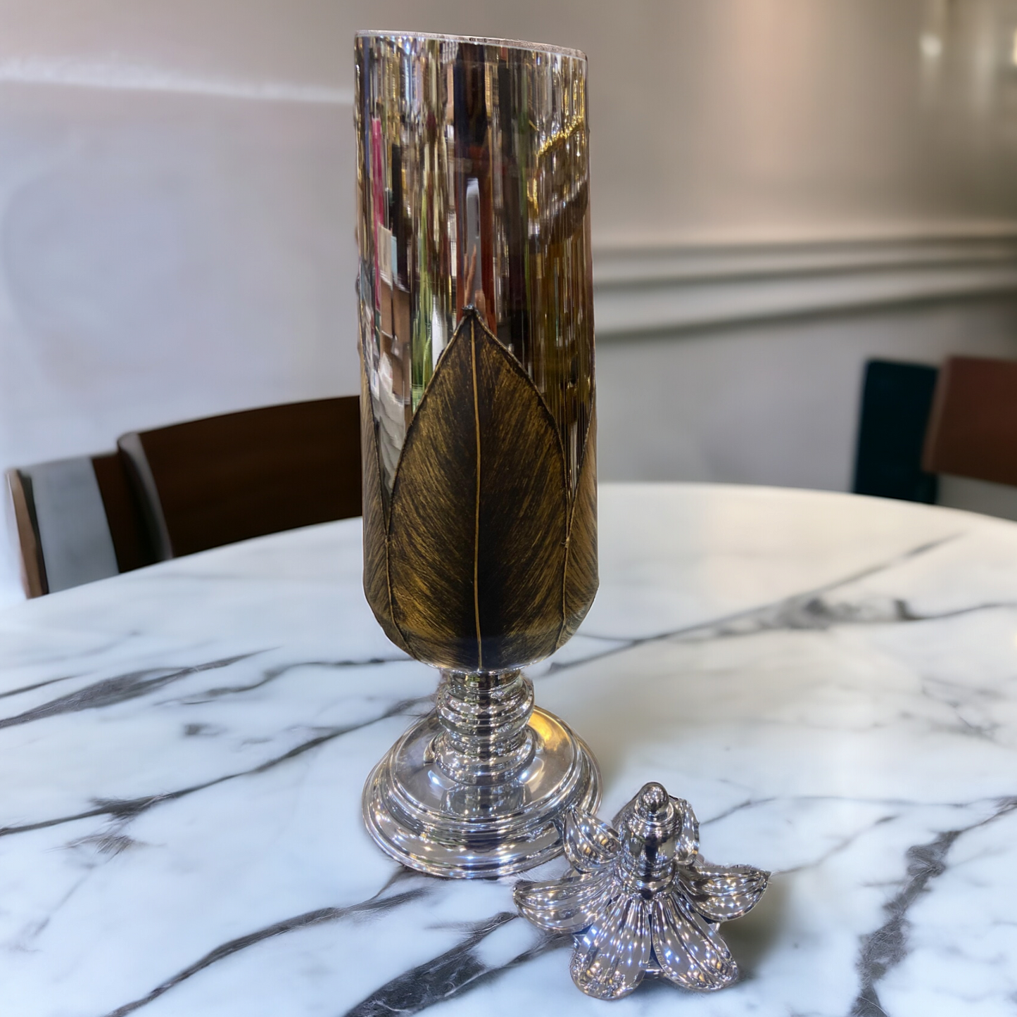 Glass Candle Stand Leaves Design