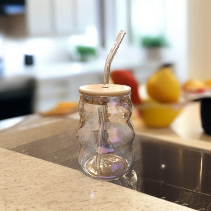 1 Pc Glass Jar wooden Lid With Straw