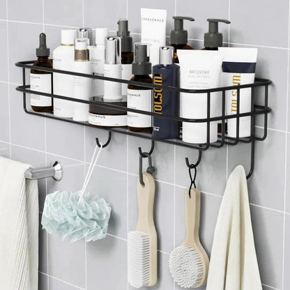Wall Mounted Rectangle Metal Shelf with Hooks (Black)