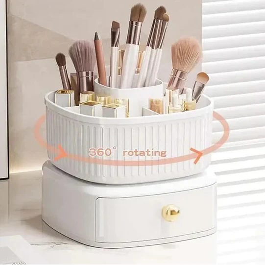 Rotating Cosmetic Holder with Drawer-White
